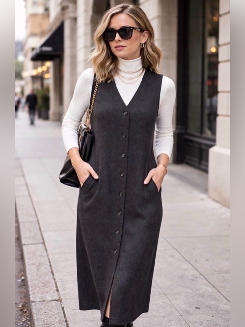 Orvis Vintage Charcoal Gray 100% Wool Sleeveless Button Front Jumper Dress Size6